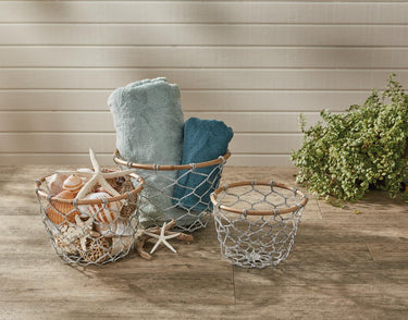 Round Fishnet Wire And Wood Baskets - Set of 3 Park Designs - The Fox Decor